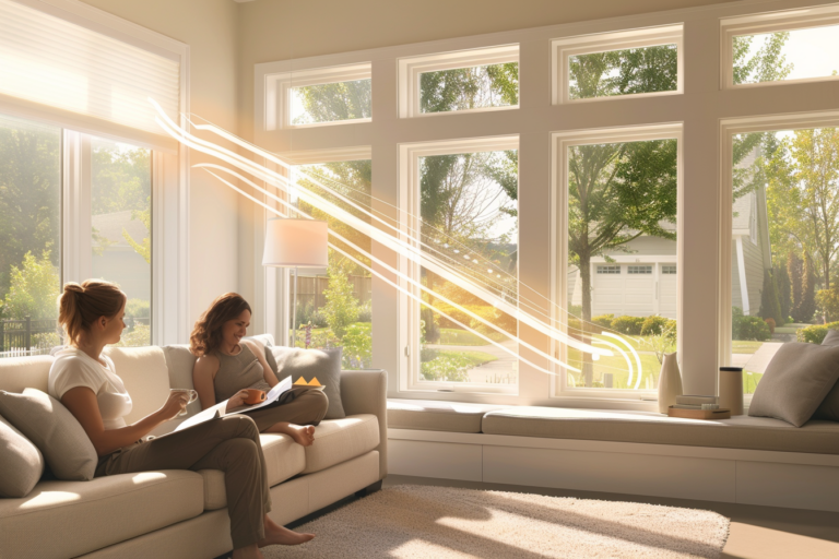 Salon lumineux avec de grandes fenêtres en PVC donnant sur une rue résidentielle.