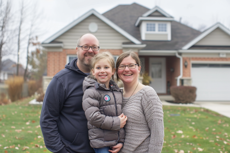 Famille souriante devant leur maison rénovée, symbole de sécurité après les travaux d’isolation.