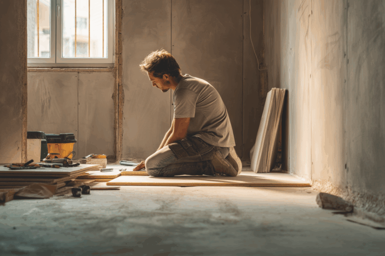 Artisan posant des panneaux isolants au sol dans une maison en rénovation, avec outils visibles et lumière naturelle.
