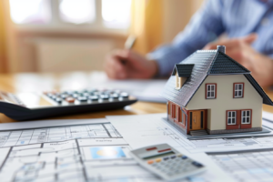 Agent d’assurance présentant un contrat habitation à des propriétaires dans un salon rénové.