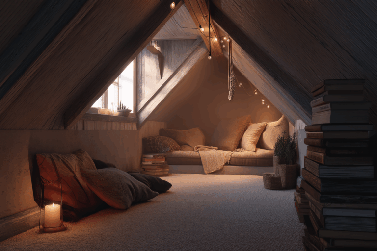 Alcôve de lecture sous les combles avec matelas, coussins, lumière douce et livres posés au sol