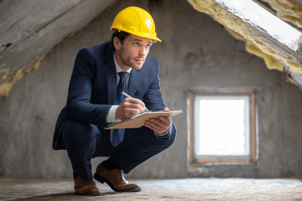 Expert en assurance inspectant l’isolation d’un comble non aménagé, bloc-notes et stylo en main, avec casque de chantier.