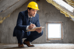 Expert en assurance inspectant l’isolation d’un comble non aménagé, bloc-notes et stylo en main, avec casque de chantier.