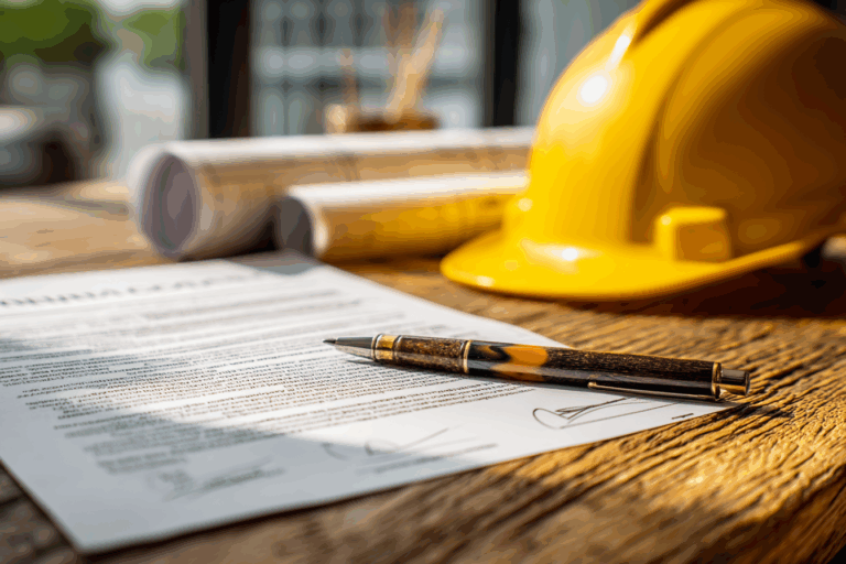 Gros plan sur un contrat d’assurance chantier signé sur un bureau en bois, avec un casque de chantier jaune et des plans architecturaux à côté