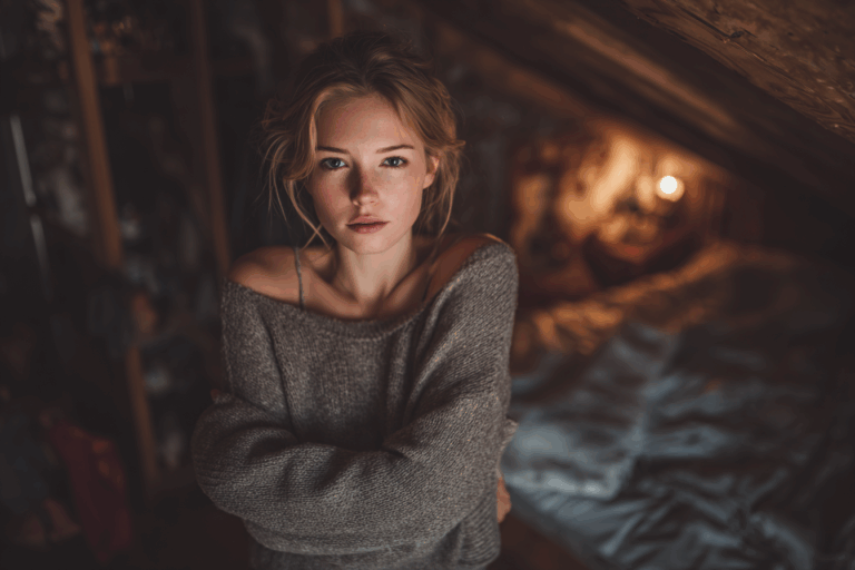 Femme dans les combles aménagés de sa maison ressentant un courant d’air froid, illustrant les signes d’un comble mal isolé.