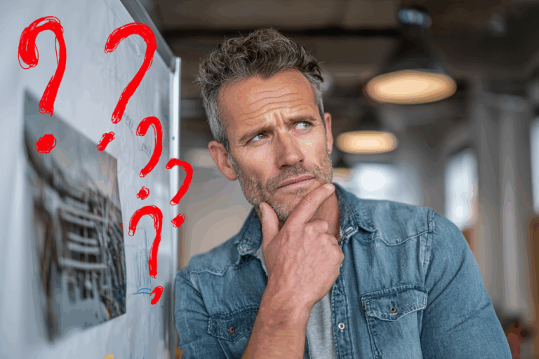 Homme réfléchissant devant un tableau blanc illustré d’un comble de maison, illustrant la phase de réflexion sur son aménagement.