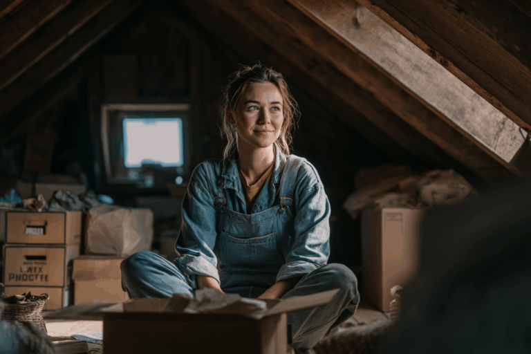 Femme triant un carton dans des combles aménagés avec rangements, assise sous une pente de toit, vêtue d’un combi en jean.