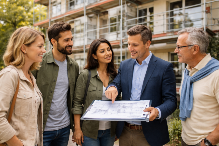 Travaux de rénovation en copropriété avec copropriétaires et syndic devant un immeuble en chantier