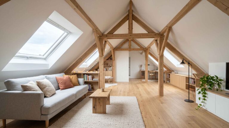Salon lumineux aménagé sous combles avec charpente apparente en bois clair, parquet chaleureux, grand canapé gris et fenêtres de toit.