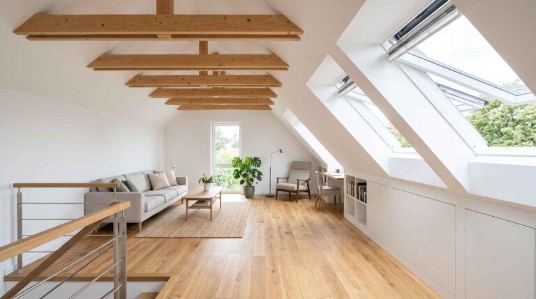Vaste pièce sous combles avec parquet en chêne, canapé gris clair, poutres en bois, grandes fenêtres inclinées et placards bas.