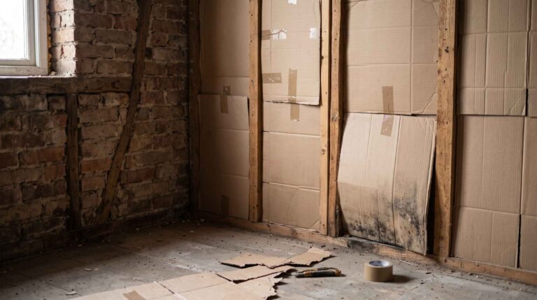 Un mur en rénovation où des cartons de récupération, servant d’isolant de fortune, gondolent et moisissent près d’un sol poussiéreux.