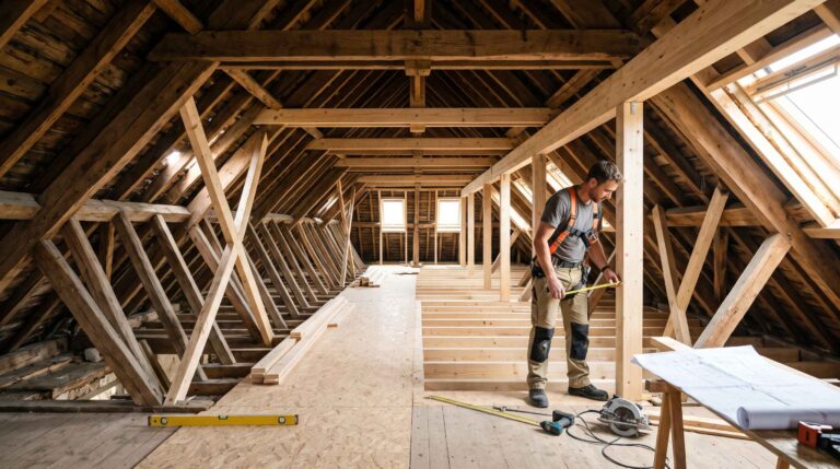 Un charpentier prend des mesures dans un comble mansardé entouré de fermettes, avec des outils et des plans bien visibles.