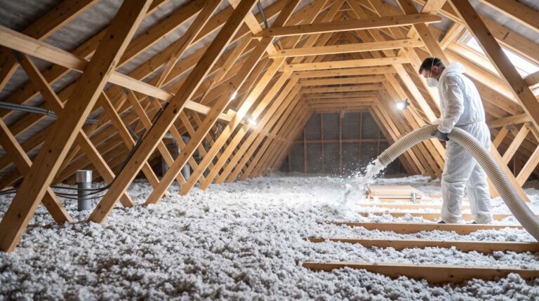 Un artisan en combinaison blanche projette un isolant blanc floconneux sur le plancher entre les fermettes en bois sous toiture.