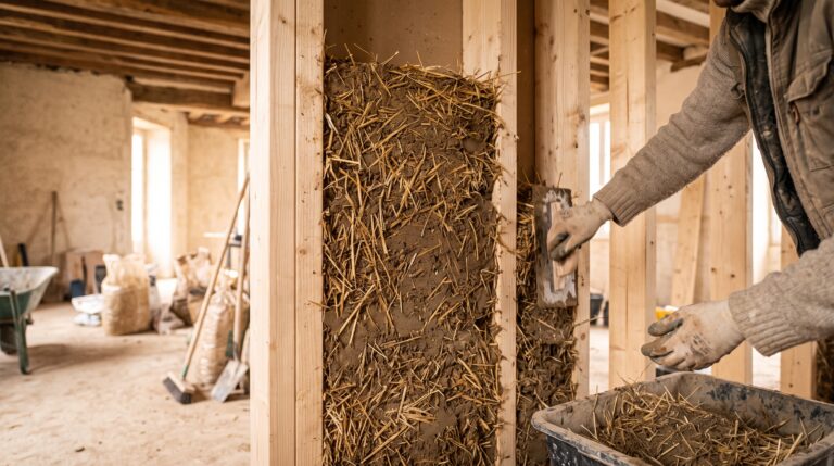 Un artisan applique à la taloche un mélange dense de paille et terre entre les montants verticaux en bois brut.