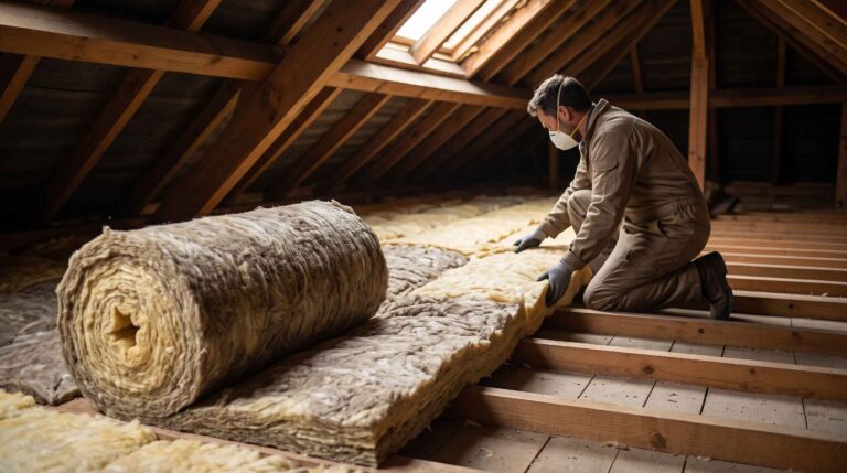 Un artisan équipé déroule avec précision un épais rouleau isolant de laine sous la charpente en bois de ces combles.